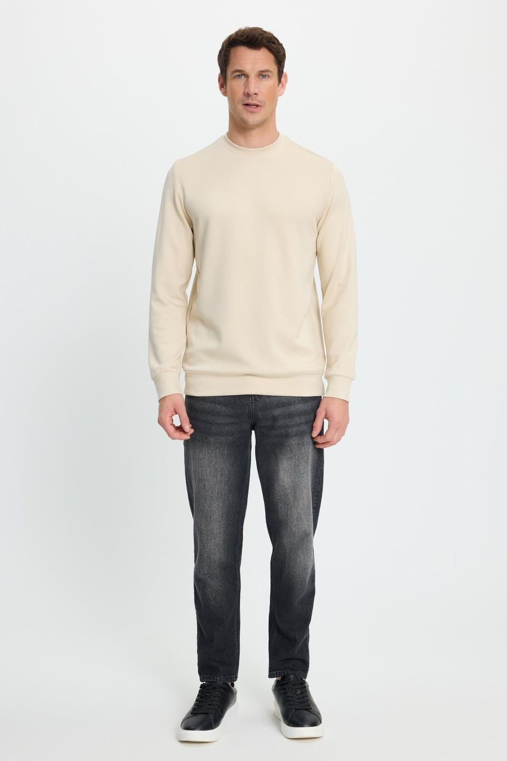 Erkek Relax Fit Rahat Kesim Uzun Kollu Bisiklet Yaka Kemik Rengi Sweatshirt