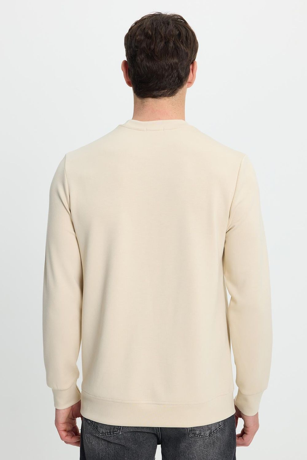 Erkek Relax Fit Rahat Kesim Uzun Kollu Bisiklet Yaka Kemik Rengi Sweatshirt