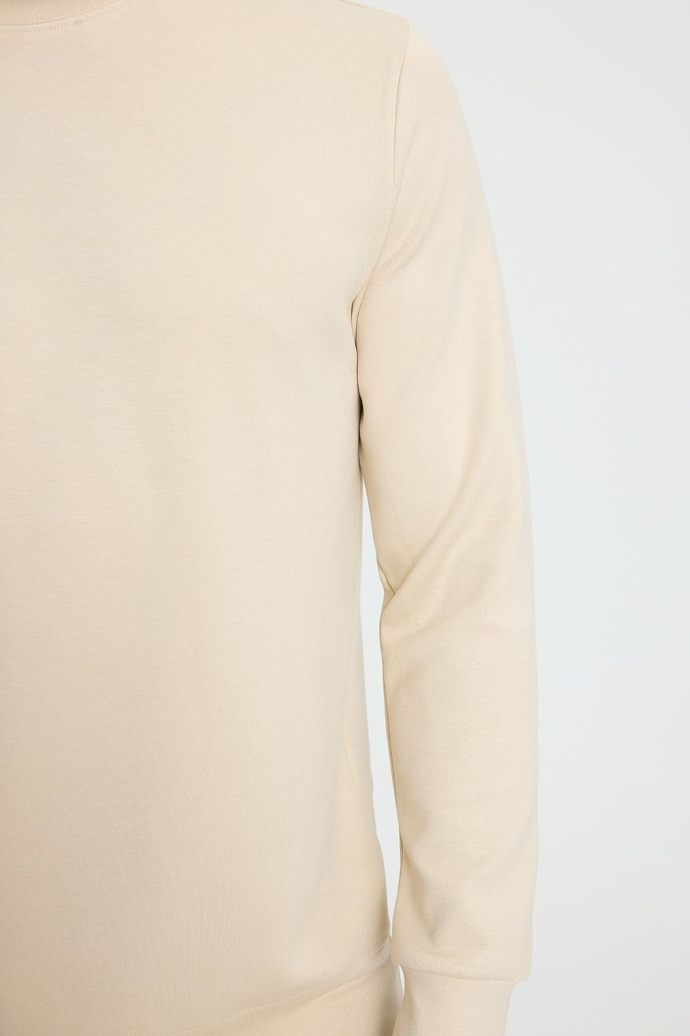 Erkek Relax Fit Rahat Kesim Uzun Kollu Bisiklet Yaka Kemik Rengi Sweatshirt