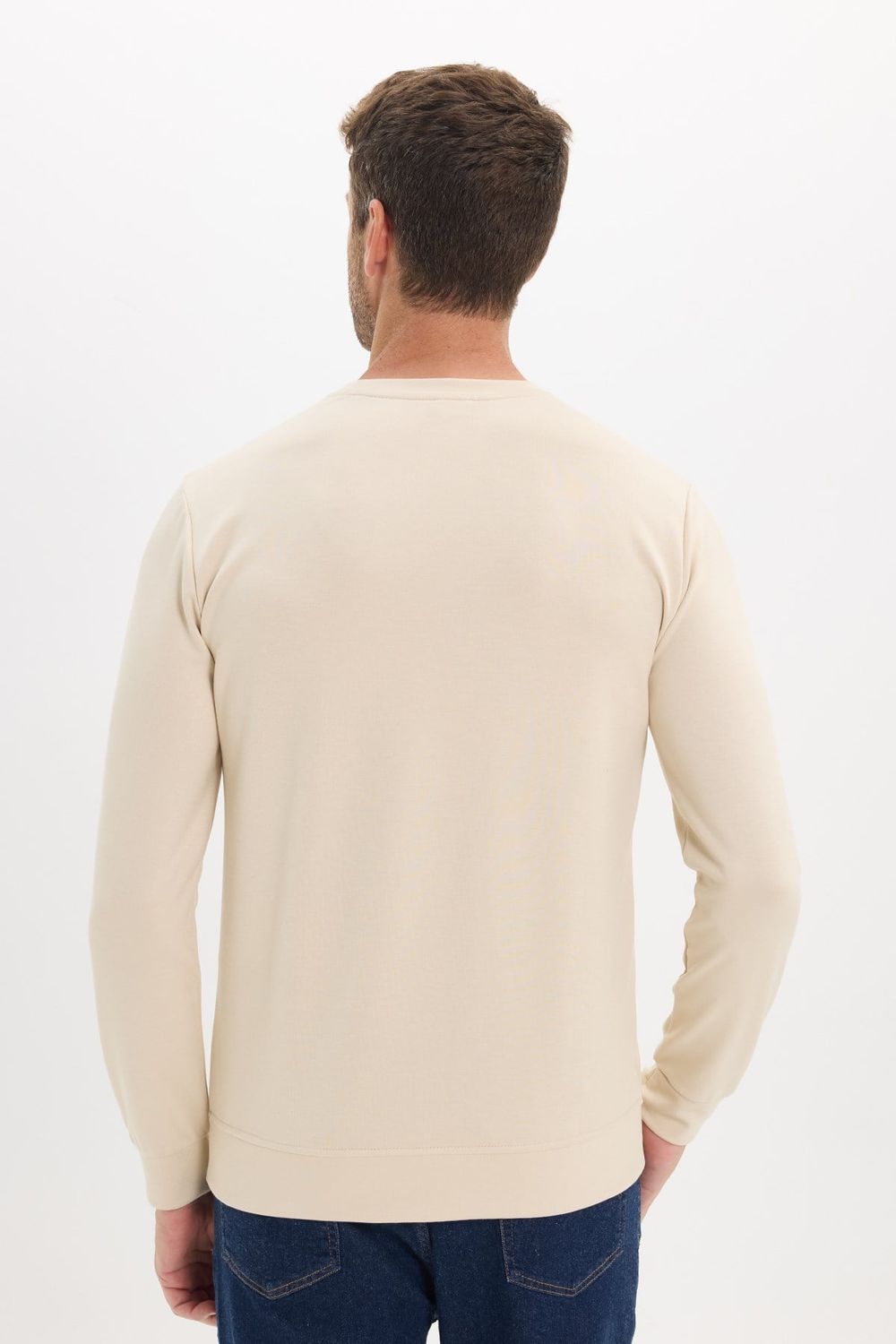 Erkek Standart Fit Normal Kesim Uzun Kollu Ekstra Soft Modal Kumaş Bisiklet Yaka Kemik Rengi Sweatshirt