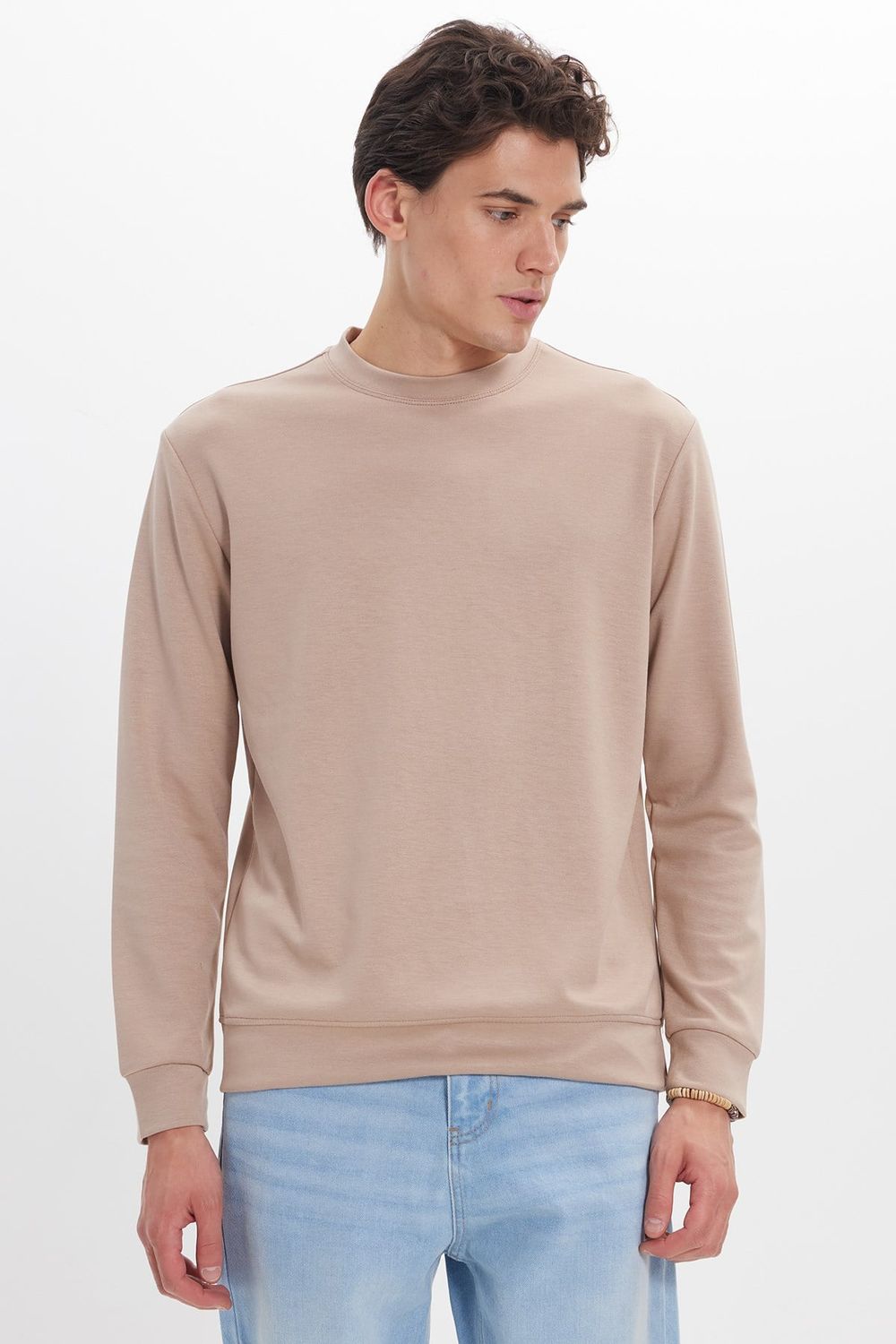 Erkek Standart Fit Normal Kesim Uzun Kollu Ekstra Soft Modal Kumaş Bisiklet Yaka Koyu Vizon Sweatshirt