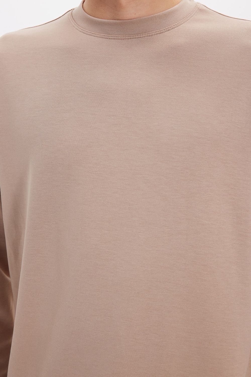Erkek Standart Fit Normal Kesim Uzun Kollu Ekstra Soft Modal Kumaş Bisiklet Yaka Koyu Vizon Sweatshirt