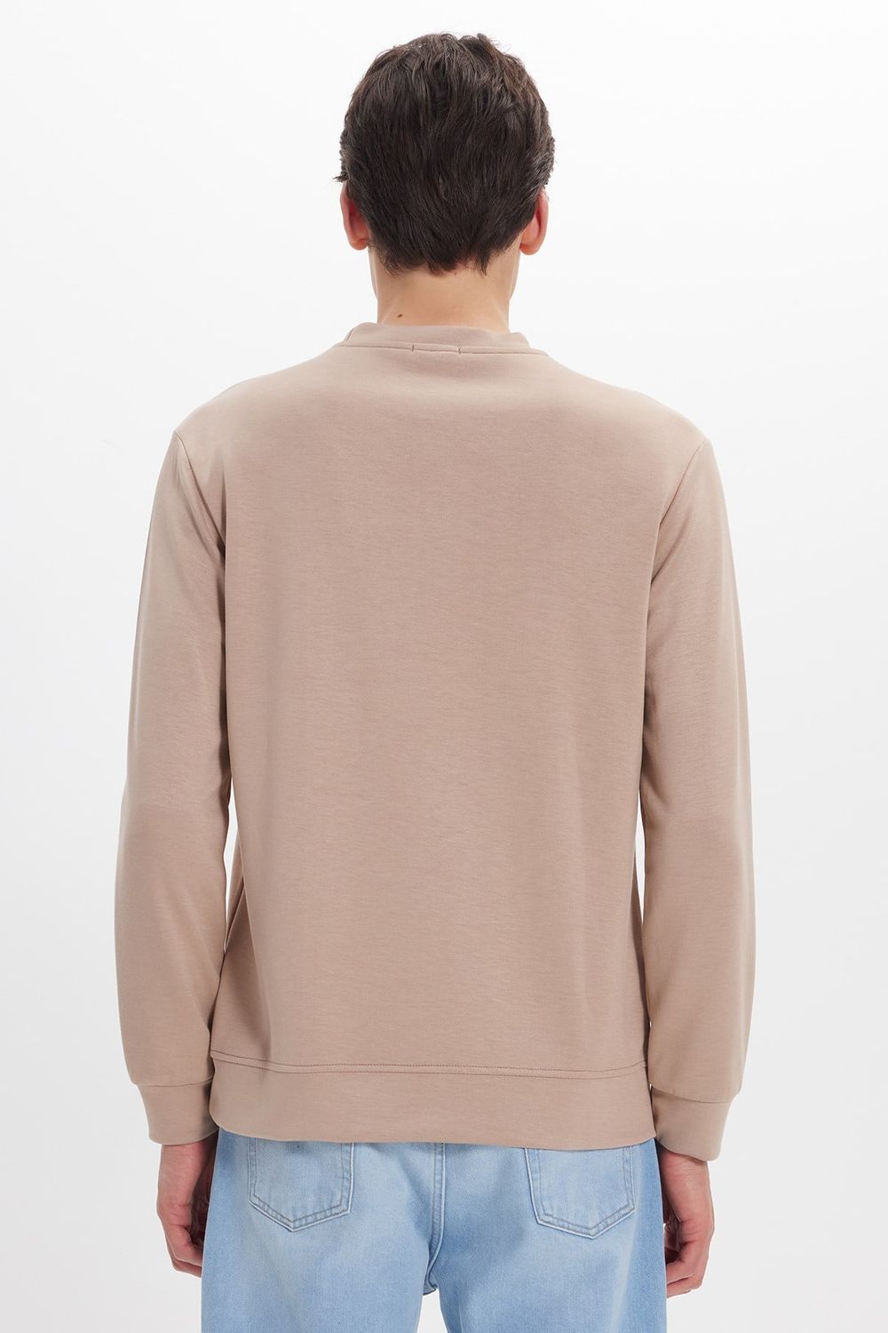 Erkek Standart Fit Normal Kesim Uzun Kollu Ekstra Soft Modal Kumaş Bisiklet Yaka Koyu Vizon Sweatshirt