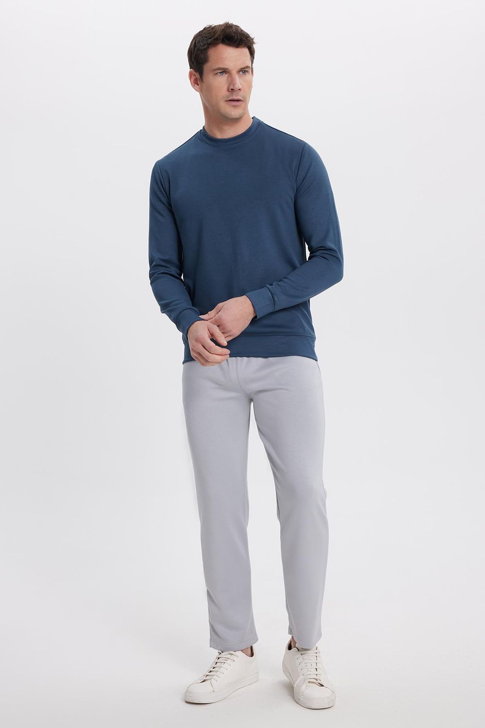 Erkek Relax Fit Rahat Kesim Uzun Kollu Ekstra Yumuşak Bisiklet Yaka Koyu Petrol Sweatshirt