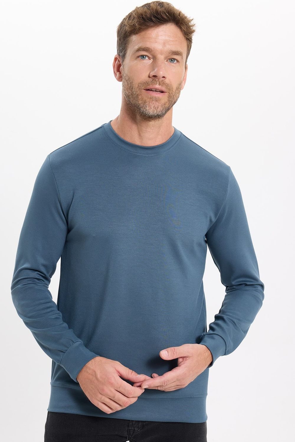 Erkek Standart Fit Normal Kesim Uzun Kollu Ekstra Soft Modal Kumaş Bisiklet Yaka Koyu Petrol Sweatshirt