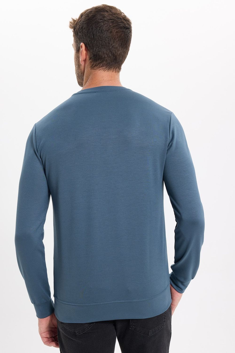 Erkek Standart Fit Normal Kesim Uzun Kollu Ekstra Soft Modal Kumaş Bisiklet Yaka Koyu Petrol Sweatshirt