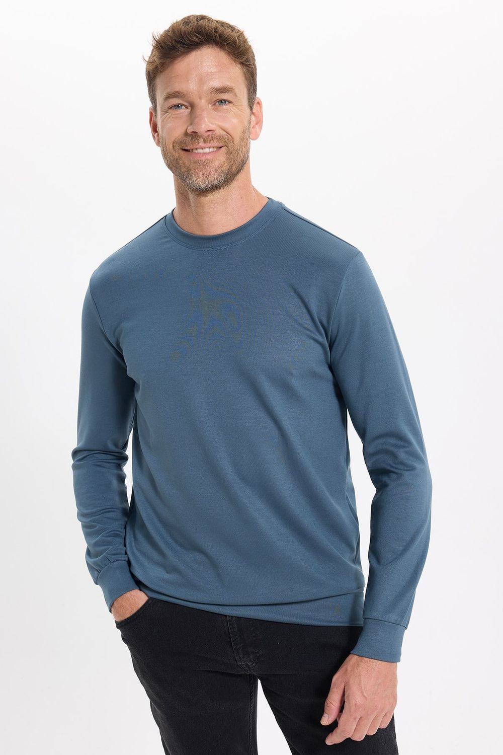 Erkek Standart Fit Normal Kesim Uzun Kollu Ekstra Soft Modal Kumaş Bisiklet Yaka Koyu Petrol Sweatshirt