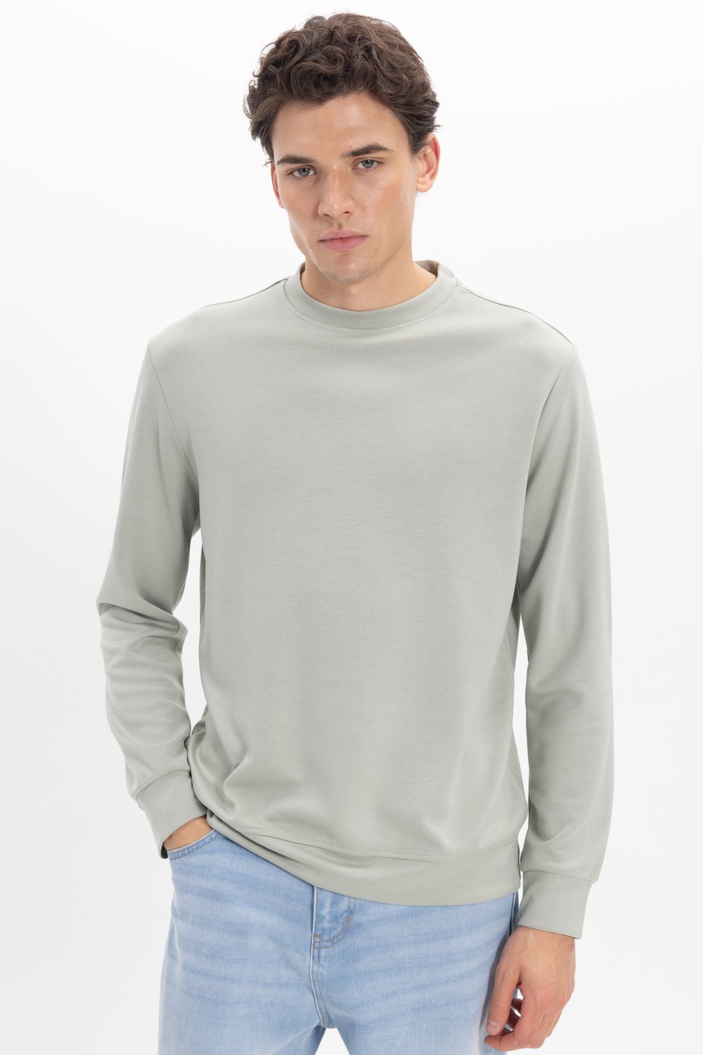Erkek Standart Fit Normal Kesim Uzun Kollu Ekstra Soft Modal Kumaş Bisiklet Yaka Yeşil Sweatshirt