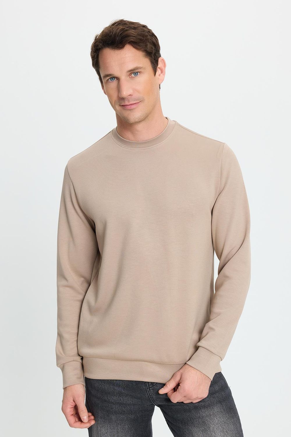 Erkek Relax Fit Rahat Kesim Uzun Kollu Bisiklet Yaka Vizon Sweatshirt