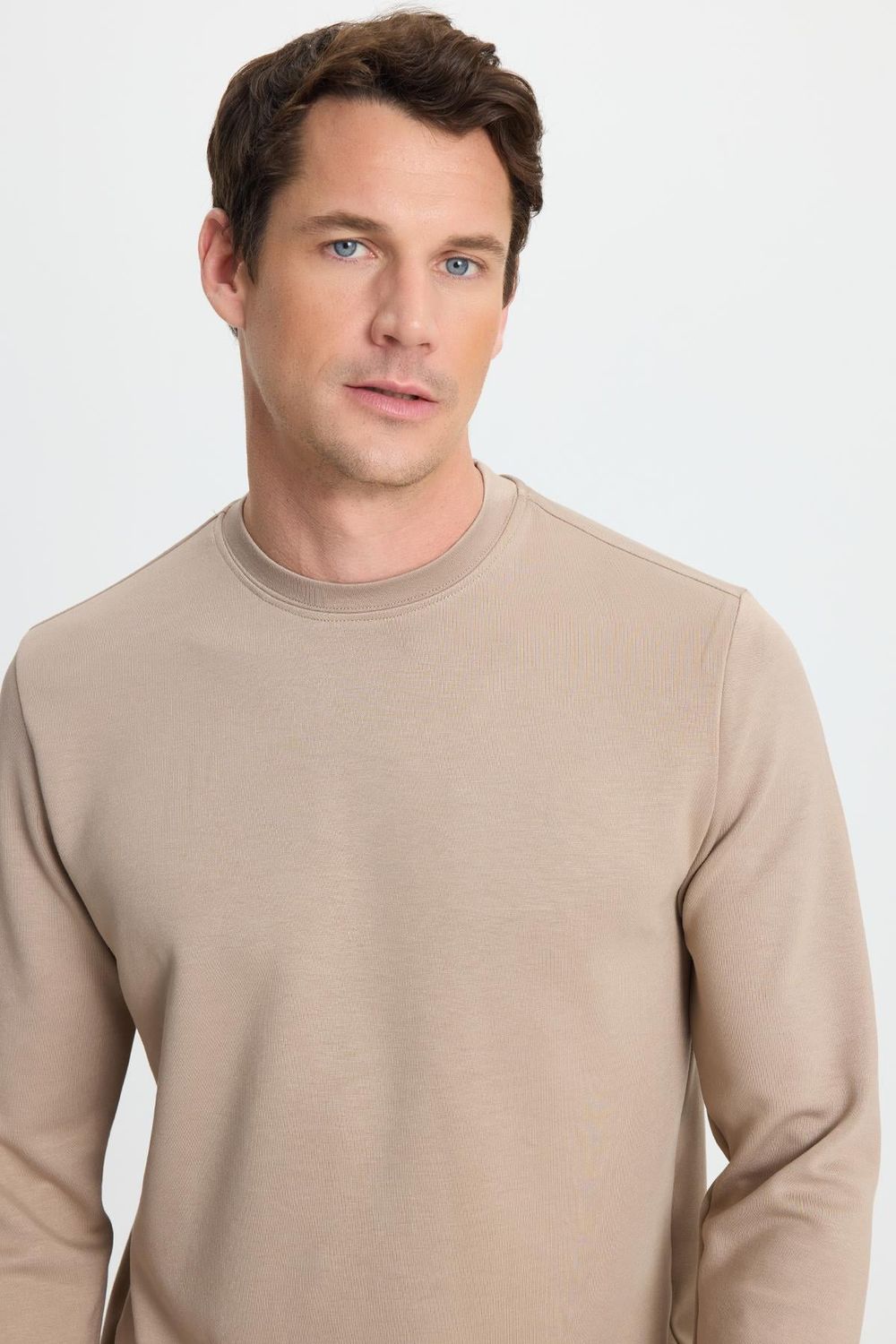 Erkek Relax Fit Rahat Kesim Uzun Kollu Bisiklet Yaka Vizon Sweatshirt