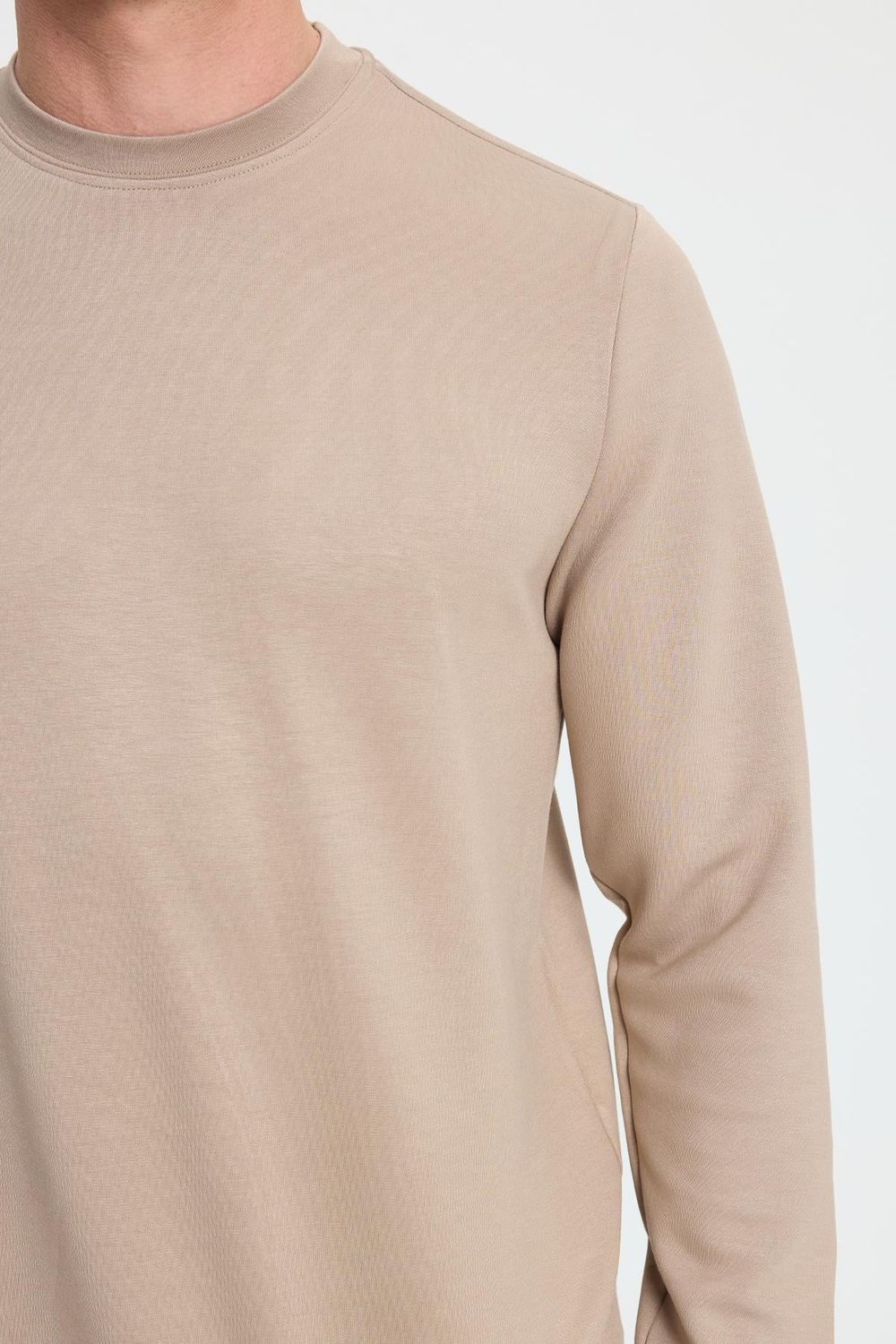 Erkek Relax Fit Rahat Kesim Uzun Kollu Bisiklet Yaka Vizon Sweatshirt