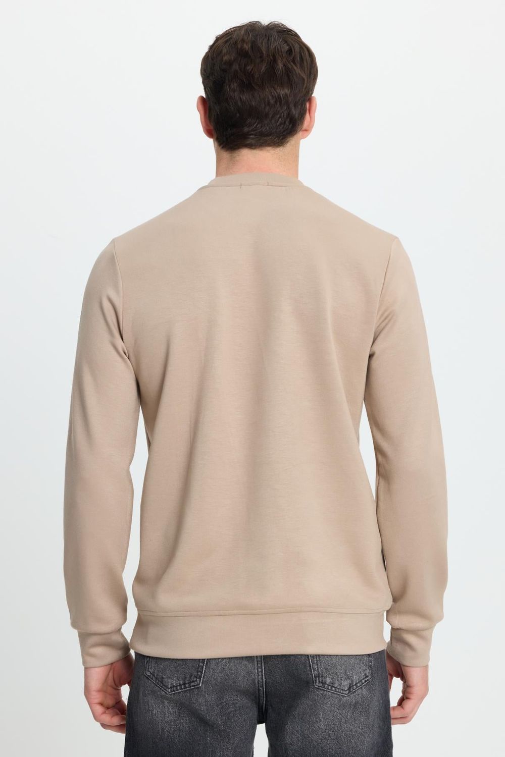 Erkek Relax Fit Rahat Kesim Uzun Kollu Bisiklet Yaka Vizon Sweatshirt