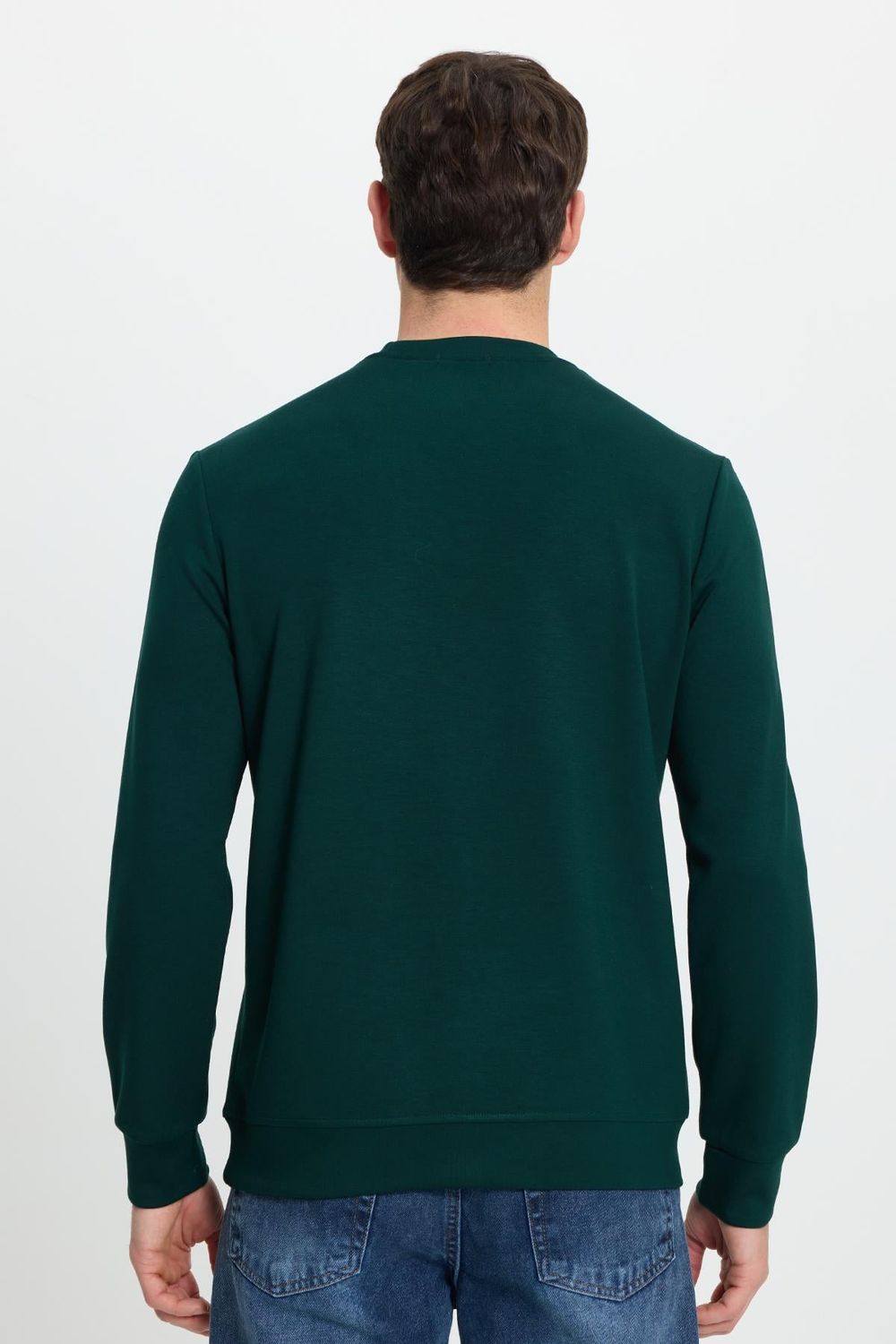 Erkek Relax Fit Rahat Kesim Uzun Kollu Bisiklet Yaka Yeşil Sweatshirt