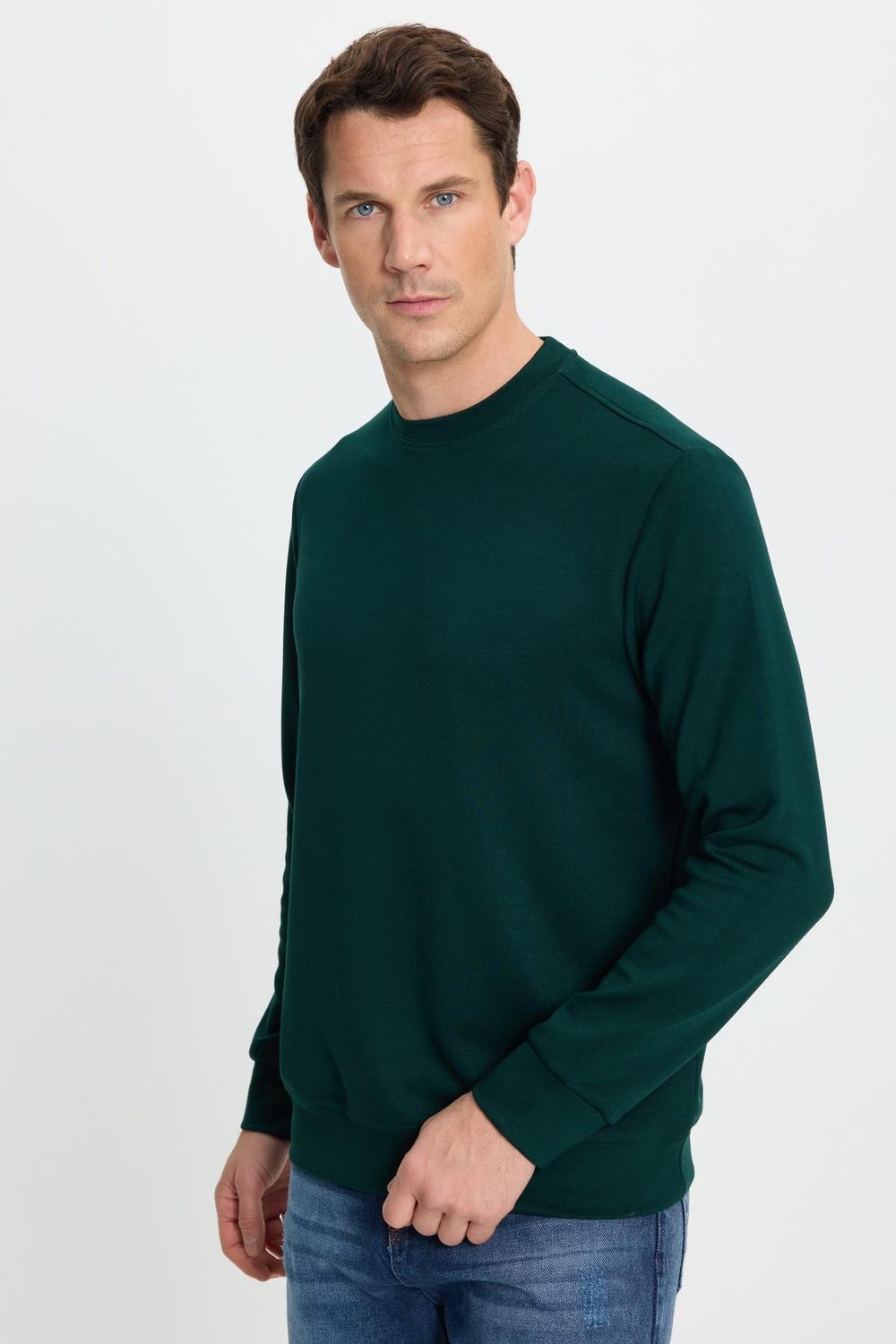 Erkek Relax Fit Rahat Kesim Uzun Kollu Bisiklet Yaka Yeşil Sweatshirt