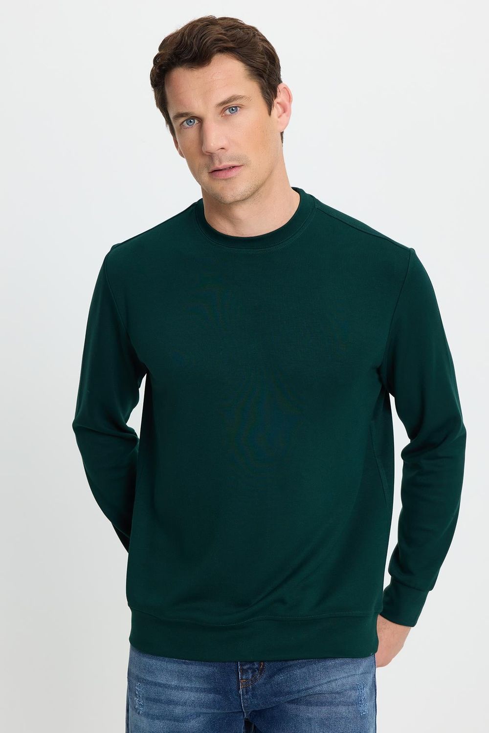 Erkek Relax Fit Rahat Kesim Uzun Kollu Bisiklet Yaka Yeşil Sweatshirt