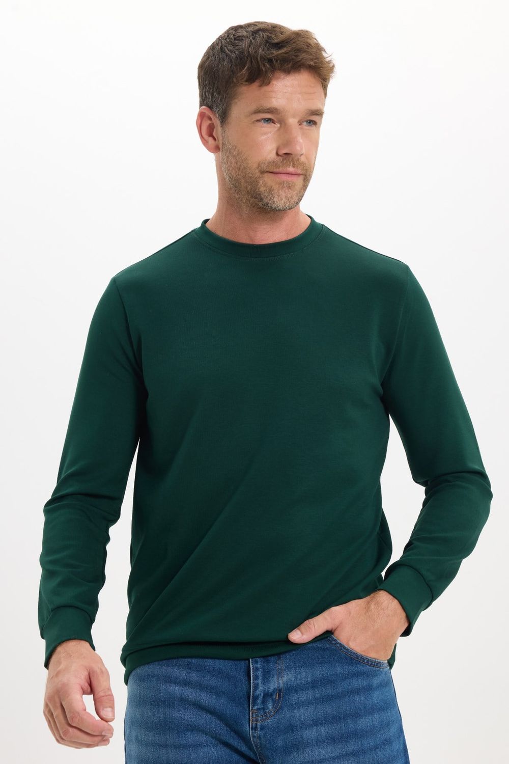 Erkek Standart Fit Normal Kesim Uzun Kollu Ekstra Soft Modal Kumaş Bisiklet Yaka Yeşil Sweatshirt