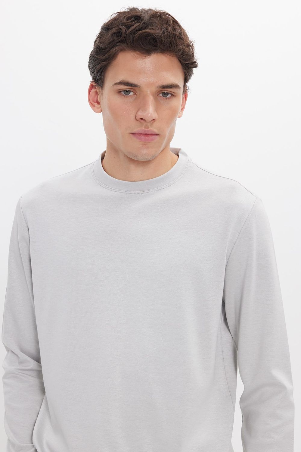 Erkek Standart Fit Normal Kesim Uzun Kollu Ekstra Soft Modal Kumaş Bisiklet Yaka Taş Sweatshirt