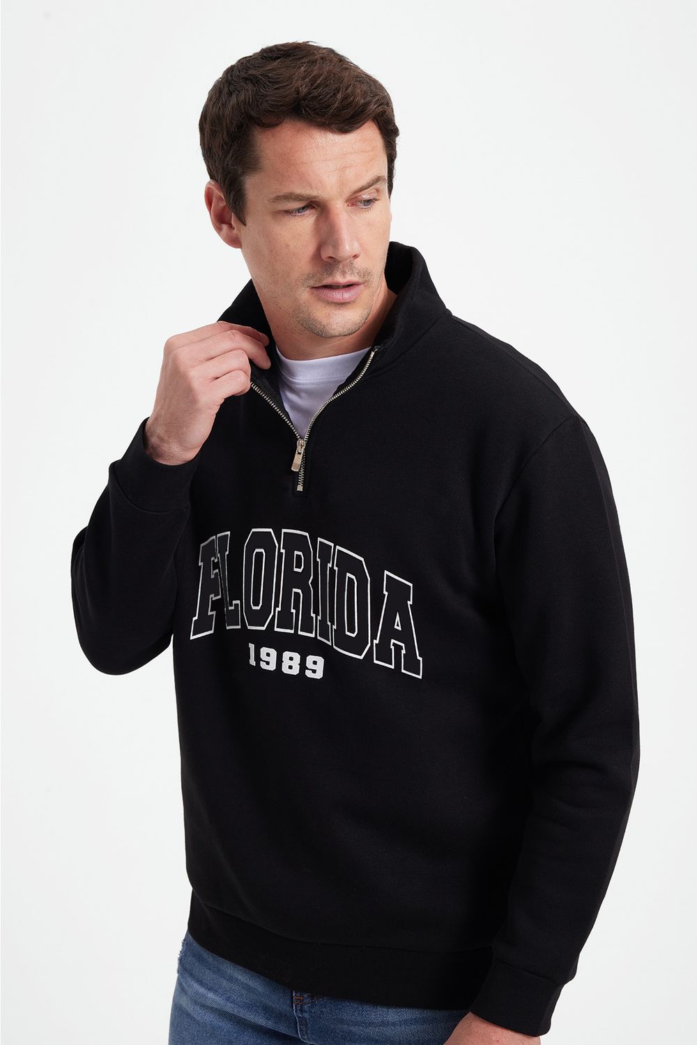 Erkek Relax Fit Rahat Kesim Pamuklu Yarım Fermuarlı Baskılı Siyah Sweatshirt