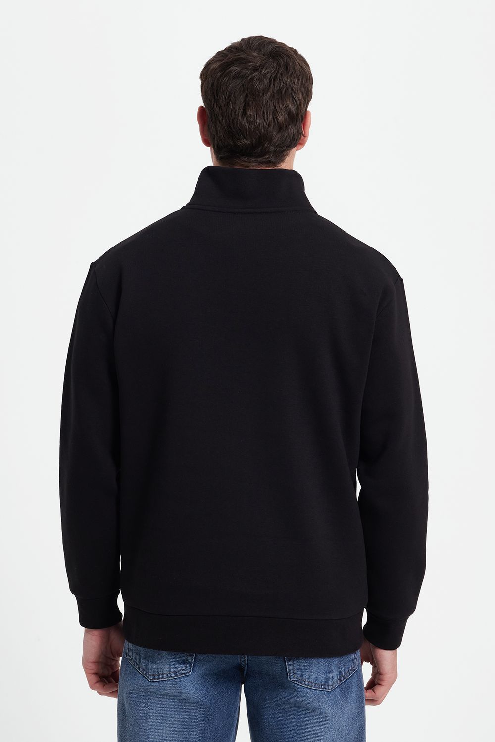 Erkek Relax Fit Rahat Kesim Pamuklu Yarım Fermuarlı Baskılı Siyah Sweatshirt