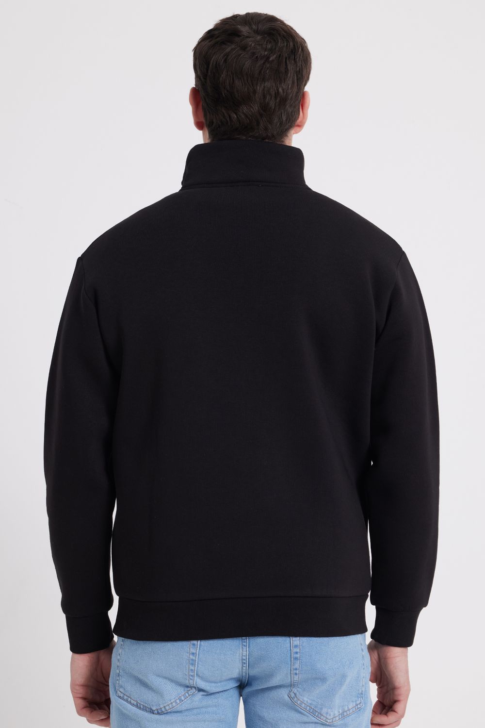 Erkek Relax Fit Rahat Kesim Pamuklu Yarım Fermuarlı Baskılı Siyah Sweatshirt