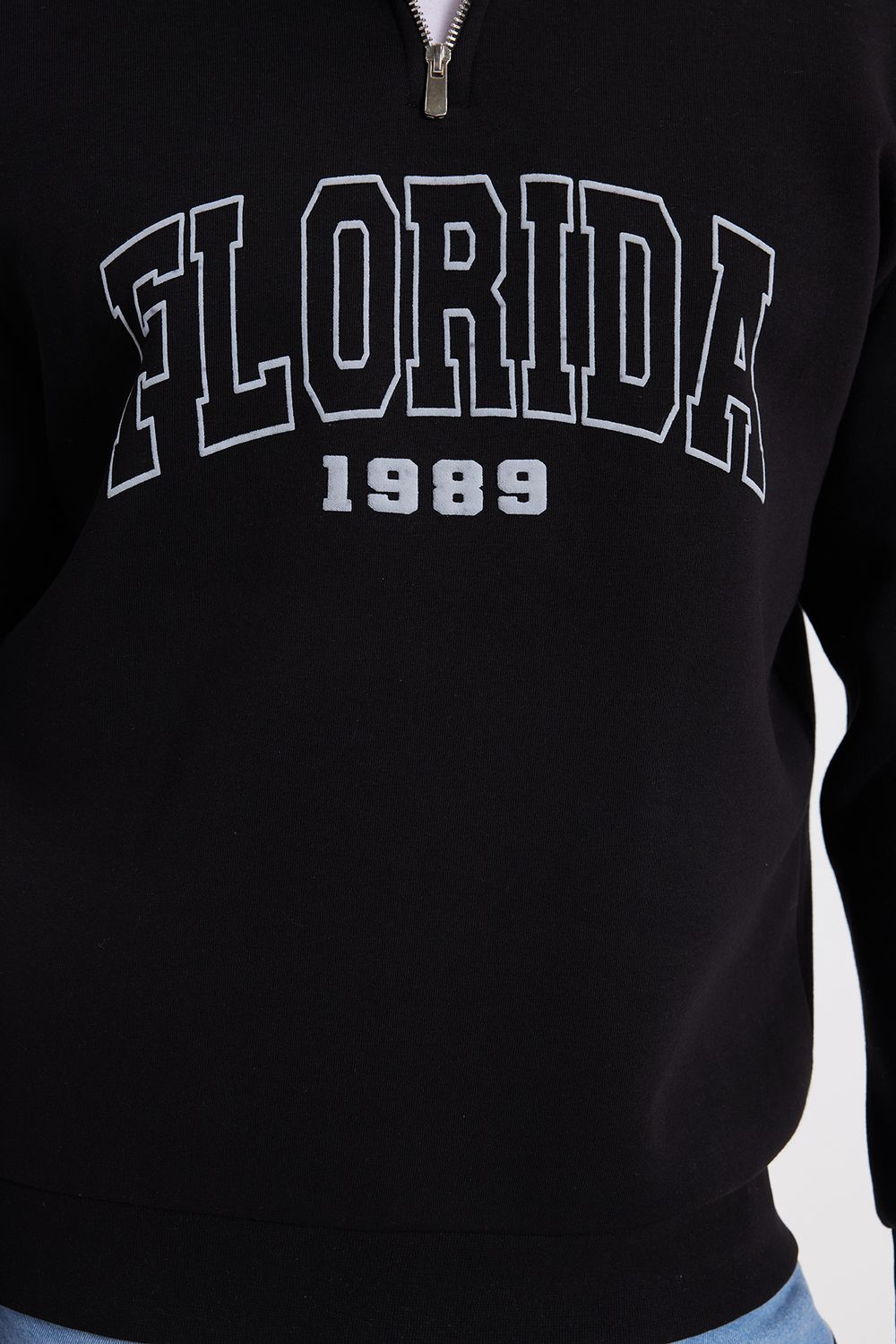 Erkek Relax Fit Rahat Kesim Pamuklu Yarım Fermuarlı Baskılı Siyah Sweatshirt