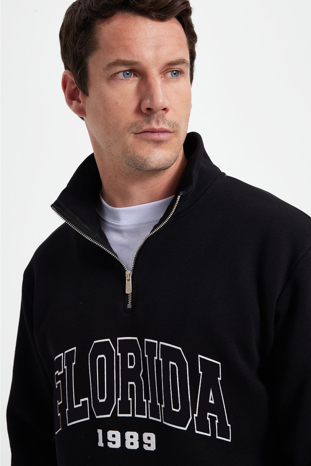 Erkek Relax Fit Rahat Kesim Pamuklu Yarım Fermuarlı Baskılı Siyah Sweatshirt