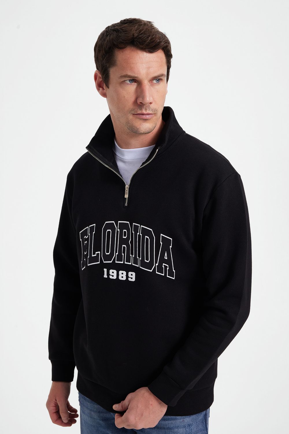 Erkek Relax Fit Rahat Kesim Pamuklu Yarım Fermuarlı Baskılı Siyah Sweatshirt