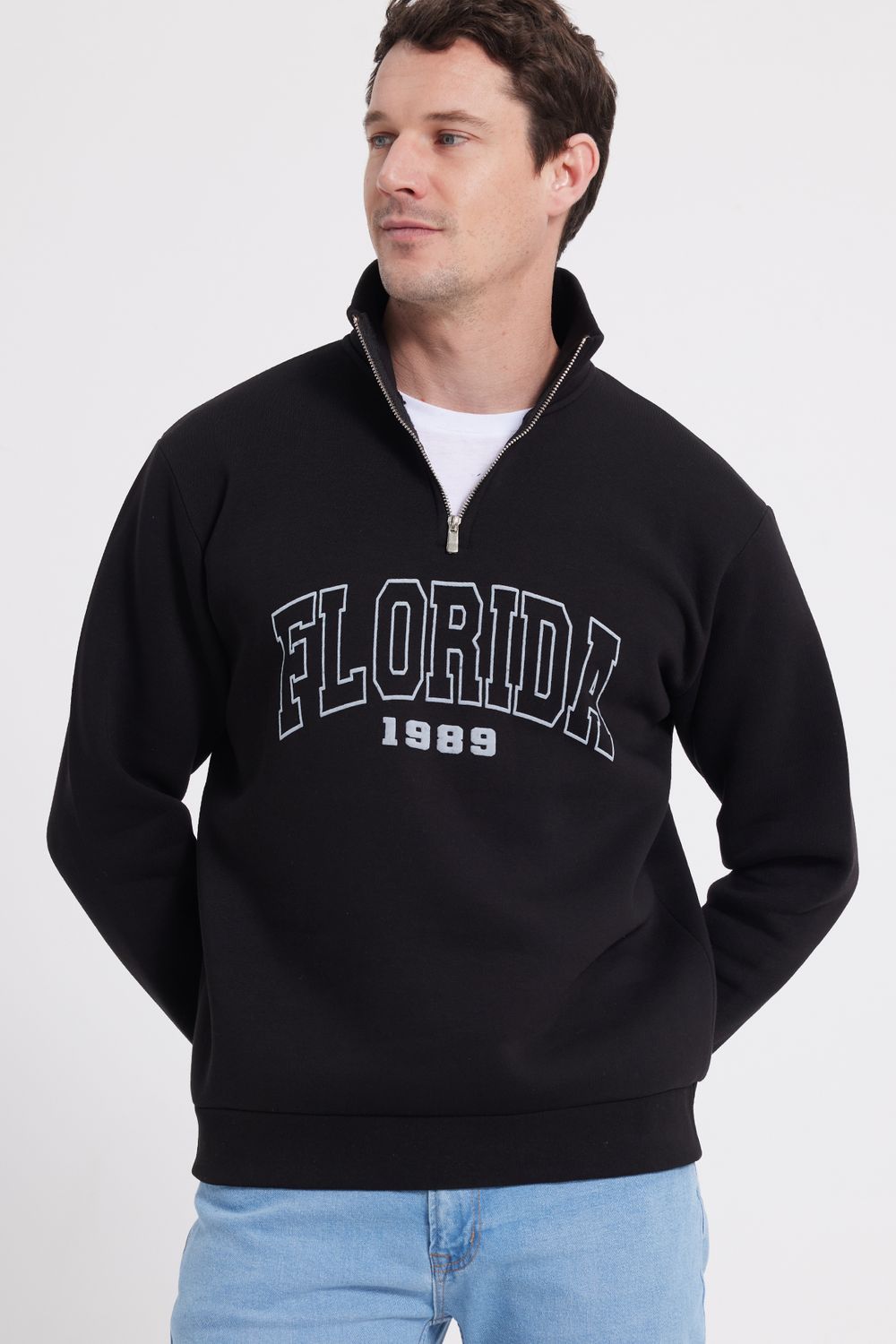 Erkek Relax Fit Rahat Kesim Pamuklu Yarım Fermuarlı Baskılı Siyah Sweatshirt