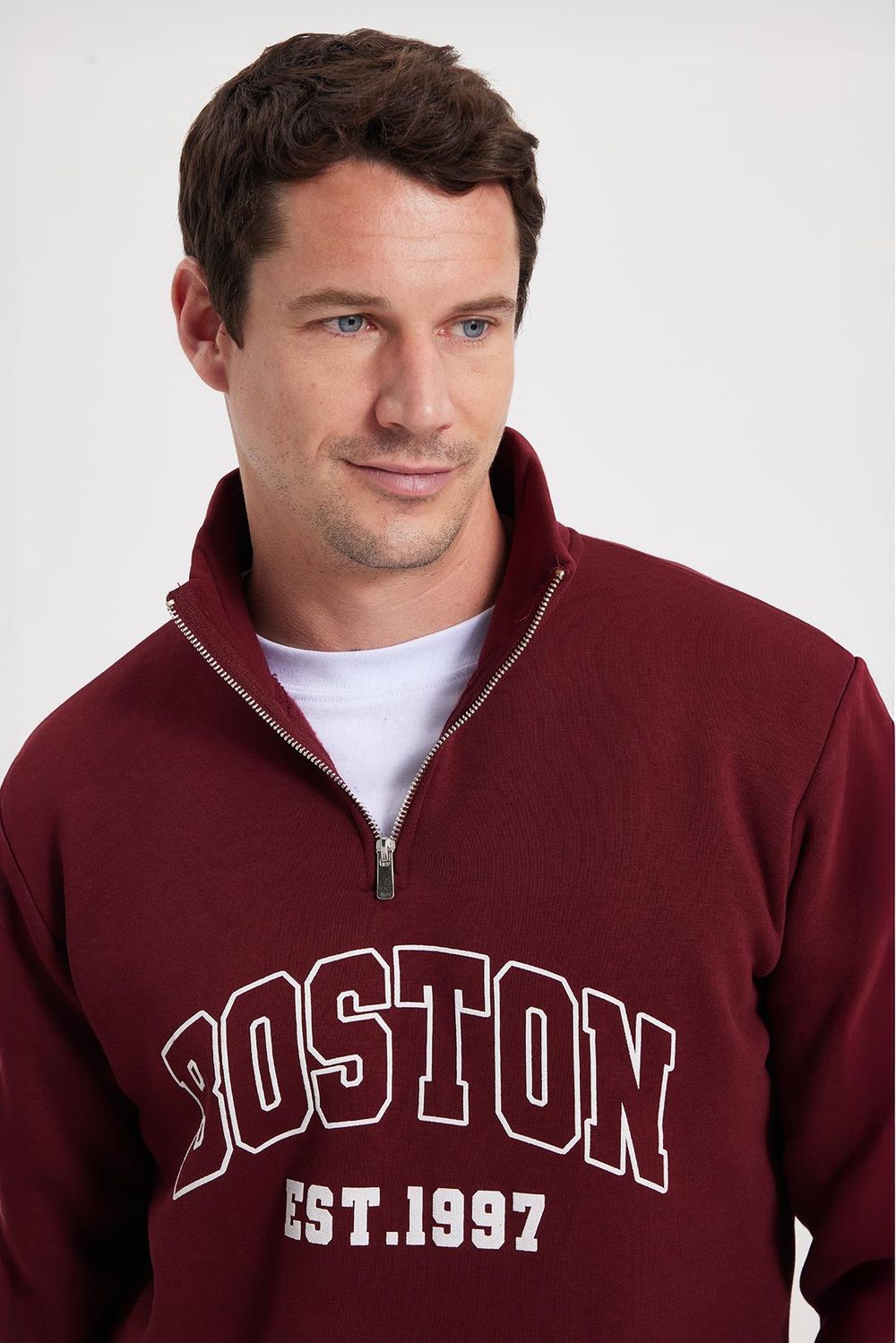 Erkek Relax Fit Rahat Kesim Pamuklu Yarım Fermuarlı Baskılı Bordo Sweatshirt