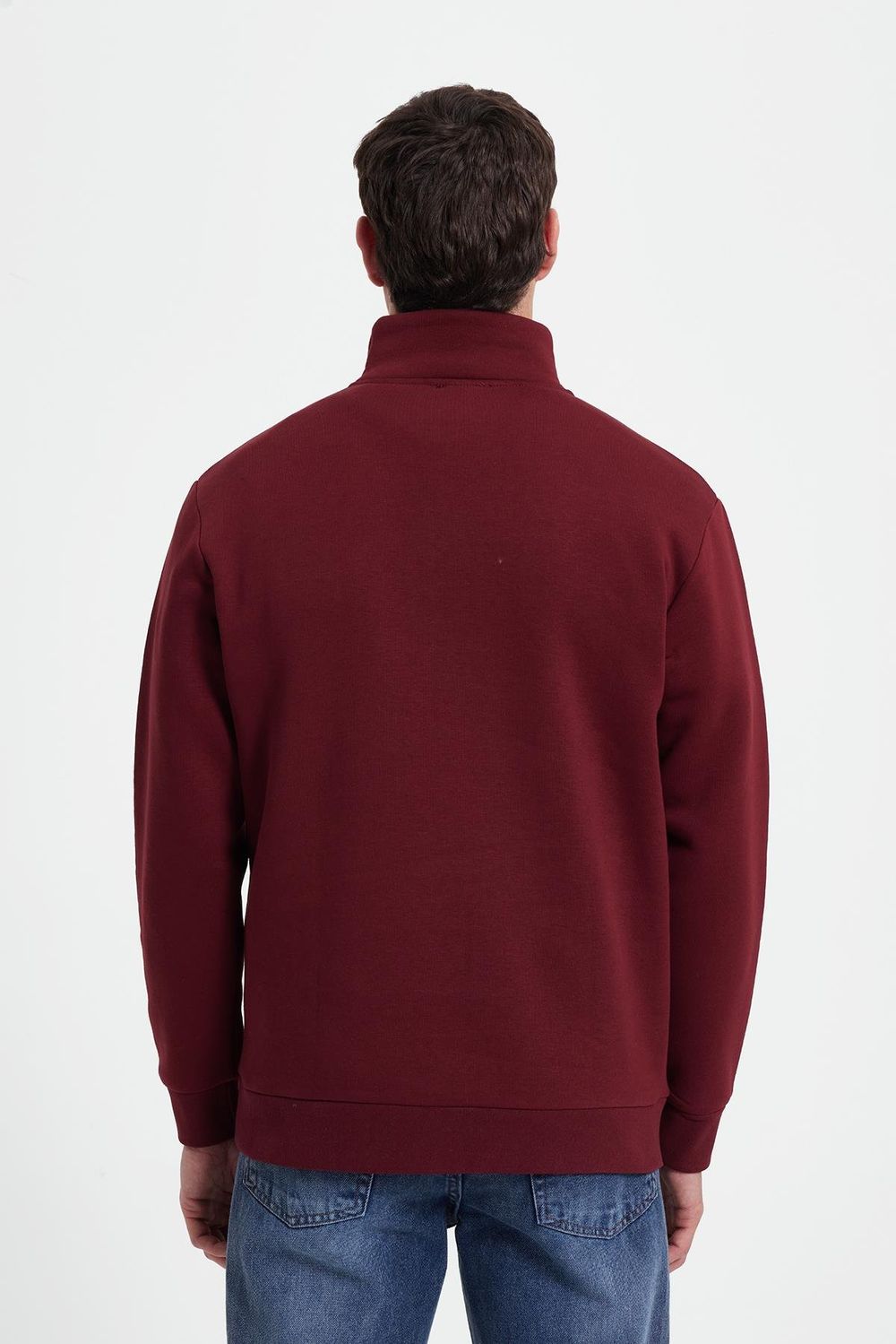 Erkek Relax Fit Rahat Kesim Pamuklu Yarım Fermuarlı Baskılı Bordo Sweatshirt