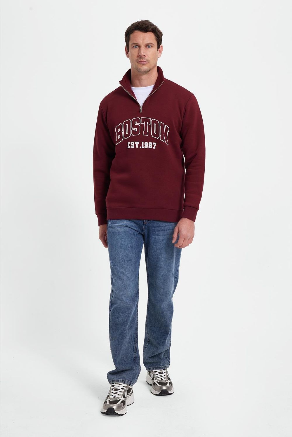 Erkek Relax Fit Rahat Kesim Pamuklu Yarım Fermuarlı Baskılı Bordo Sweatshirt