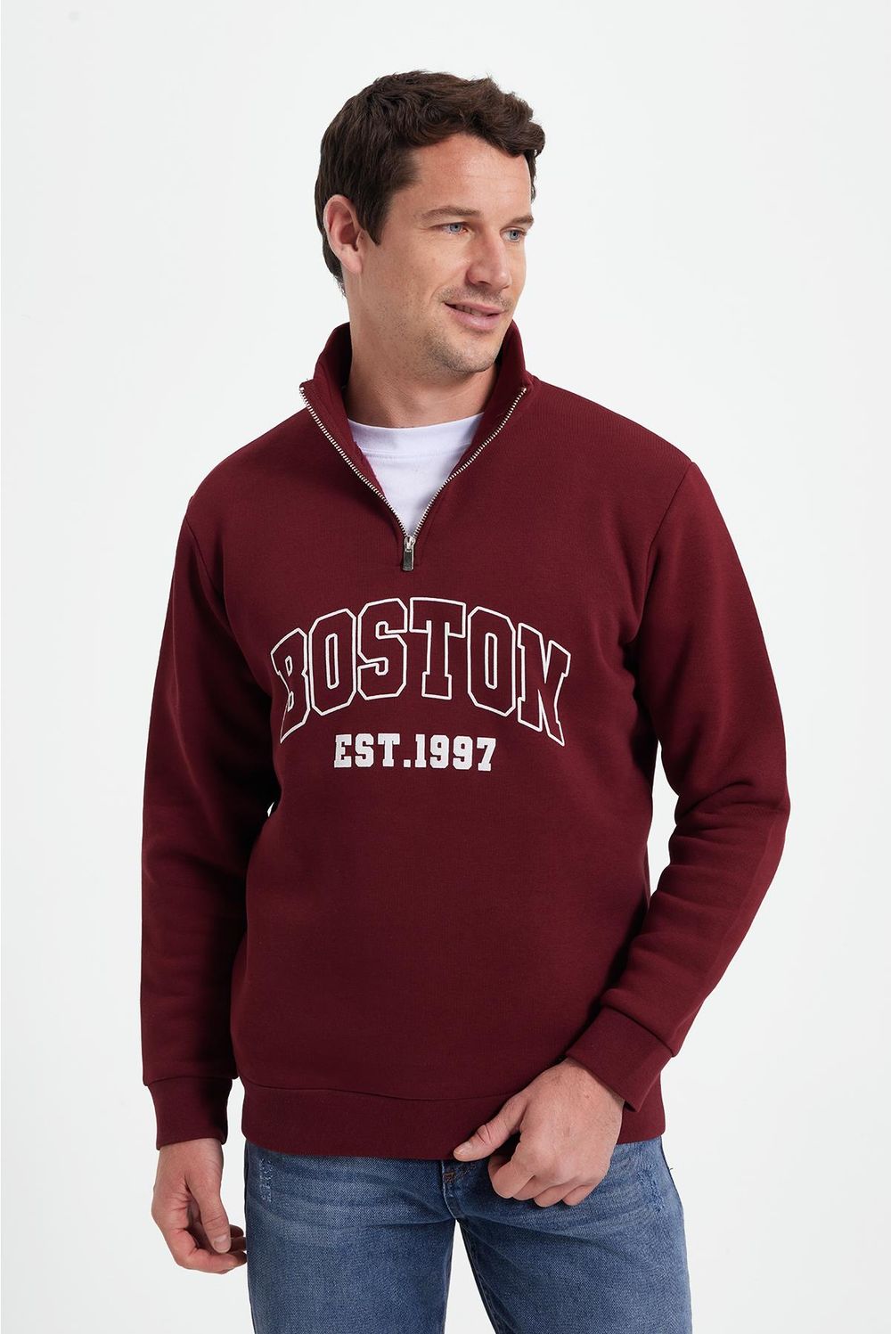 Erkek Relax Fit Rahat Kesim Pamuklu Yarım Fermuarlı Baskılı Bordo Sweatshirt