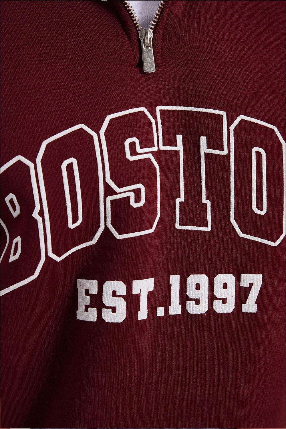 Erkek Relax Fit Rahat Kesim Pamuklu Yarım Fermuarlı Baskılı Bordo Sweatshirt