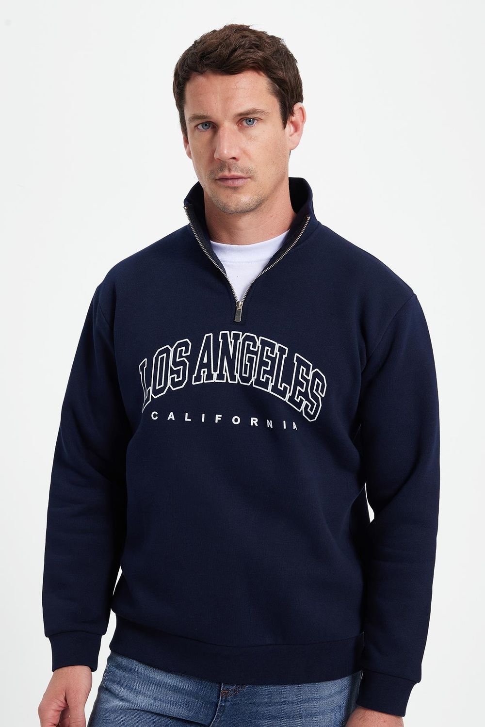 Erkek Relax Fit Rahat Kesim Pamuklu Yarım Fermuarlı Baskılı Lacivert Sweatshirt