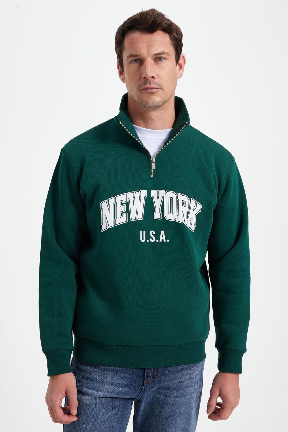 Erkek Relax Fit Rahat Kesim Pamuklu Yarım Fermuarlı Baskılı Haki Sweatshirt