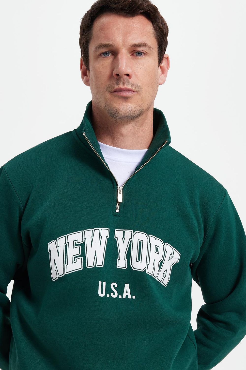 Erkek Relax Fit Rahat Kesim Pamuklu Yarım Fermuarlı Baskılı Haki Sweatshirt