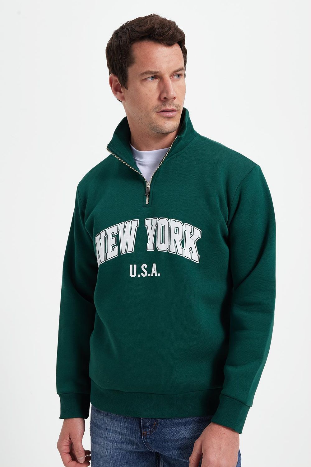 Erkek Relax Fit Rahat Kesim Pamuklu Yarım Fermuarlı Baskılı Haki Sweatshirt