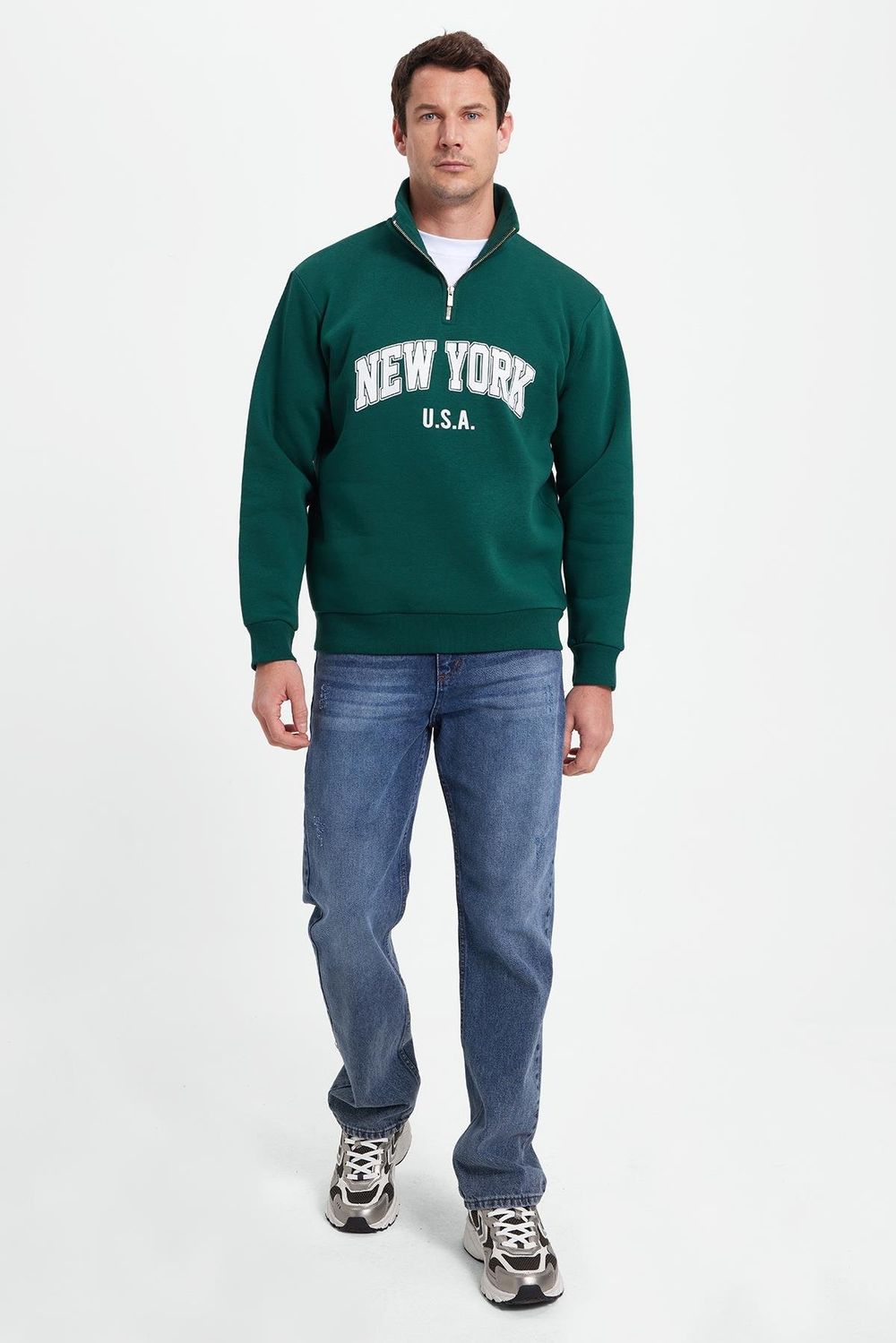 Erkek Relax Fit Rahat Kesim Pamuklu Yarım Fermuarlı Baskılı Haki Sweatshirt