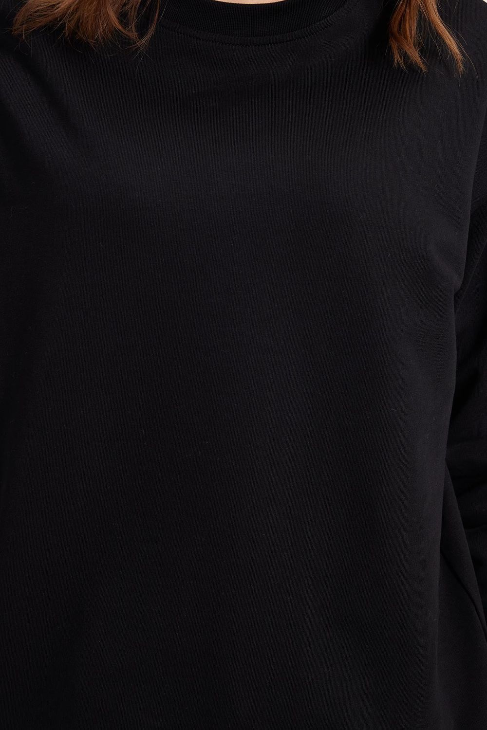 Kadın Oversize Geniş Kesim %100 Pamuk 2 İplik Bisiklet Yaka Siyah Sweatshirt 