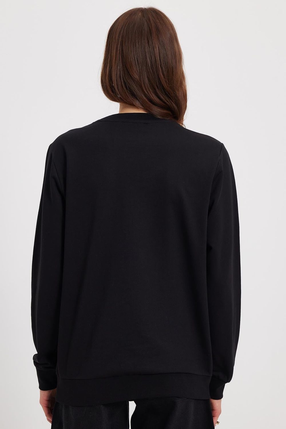 Kadın Oversize Geniş Kesim %100 Pamuk 2 İplik Bisiklet Yaka Siyah Sweatshirt 