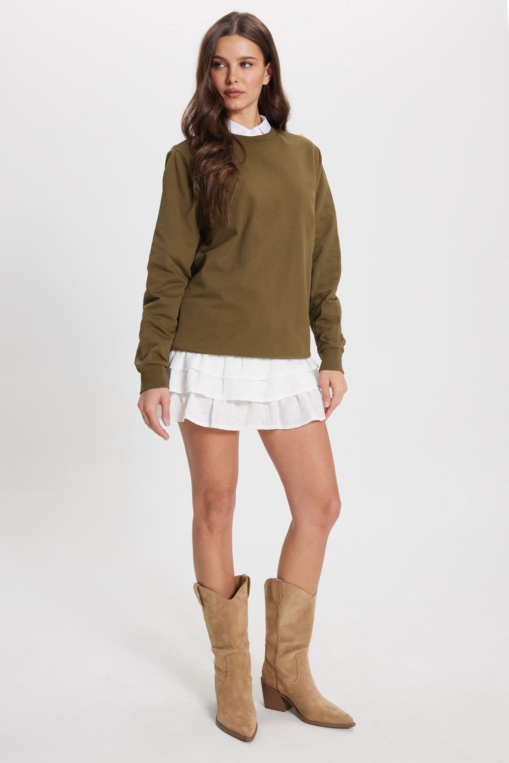 Kadın Oversize Geniş Kesim %100 Pamuk 2 İplik Bisiklet Yaka Haki Sweatshirt 