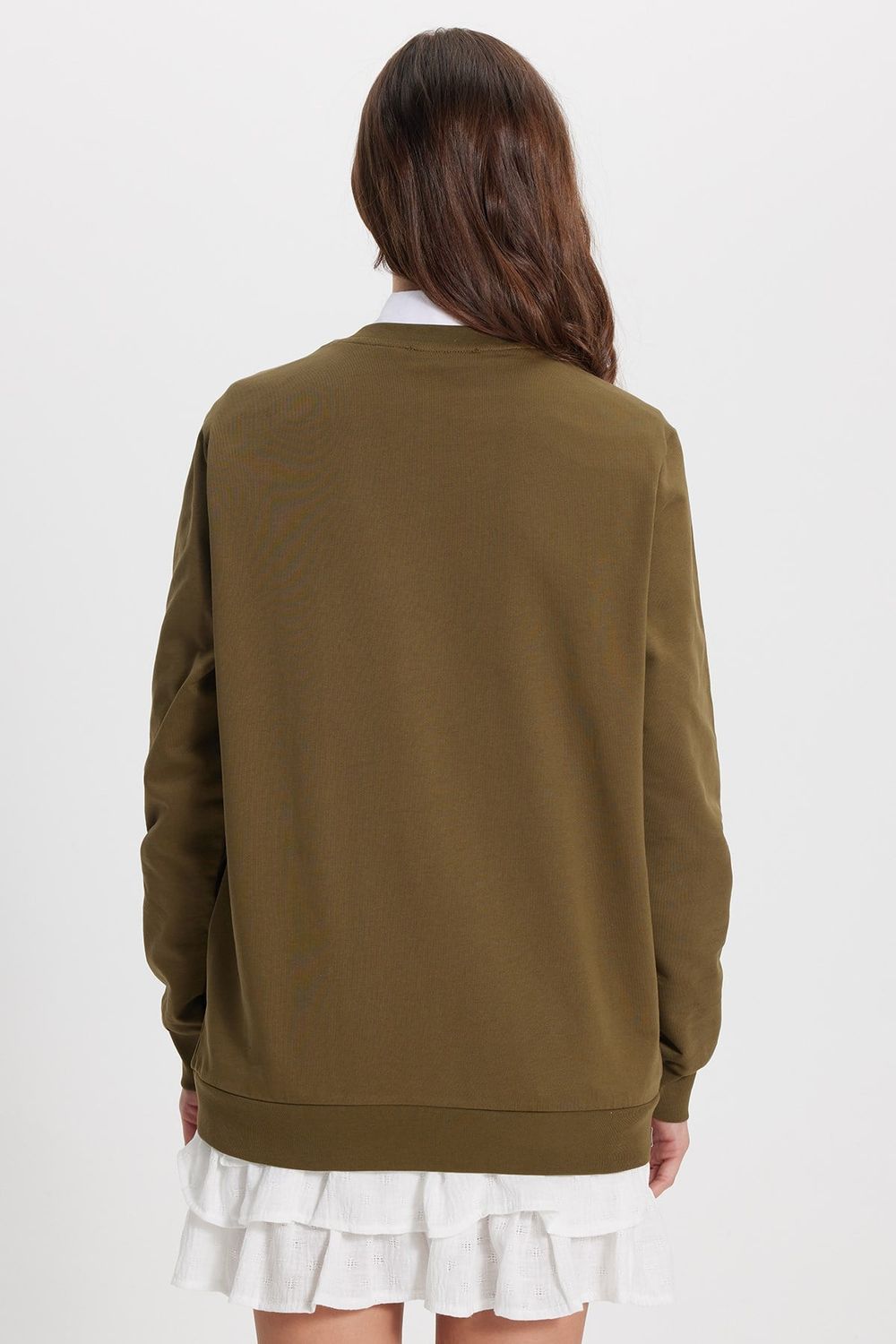 Kadın Oversize Geniş Kesim %100 Pamuk 2 İplik Bisiklet Yaka Haki Sweatshirt 