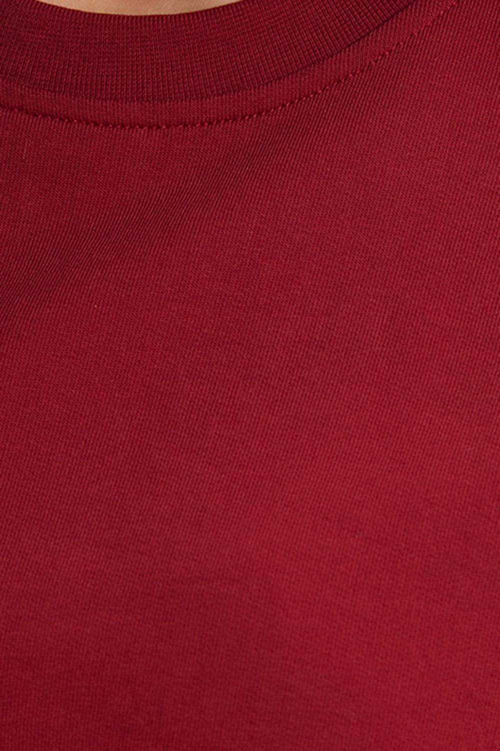 Kadın Oversize Geniş Kesim %100 Pamuk 2 İplik Bisiklet Yaka Bordo Sweatshirt 