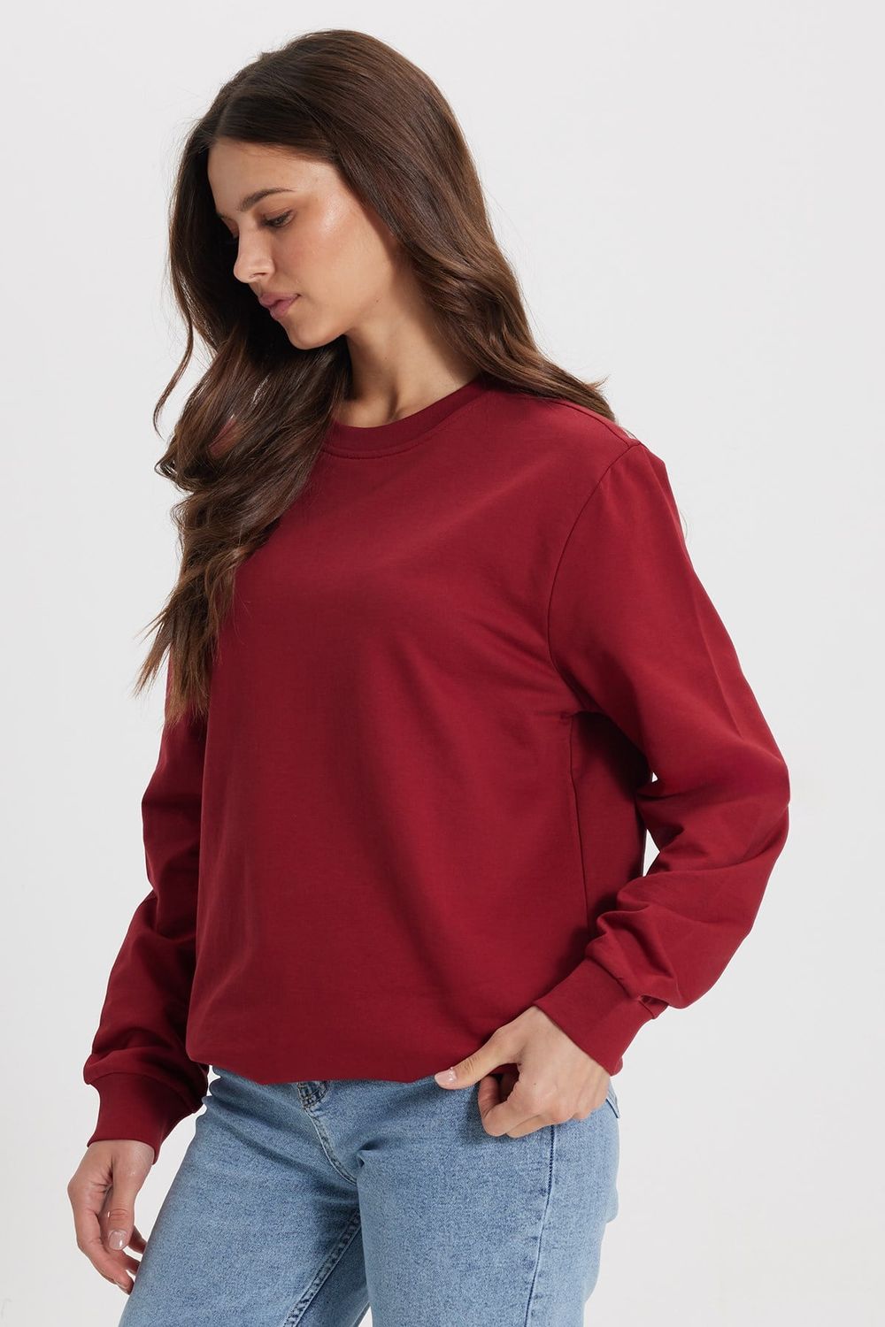 Kadın Oversize Geniş Kesim %100 Pamuk 2 İplik Bisiklet Yaka Bordo Sweatshirt 