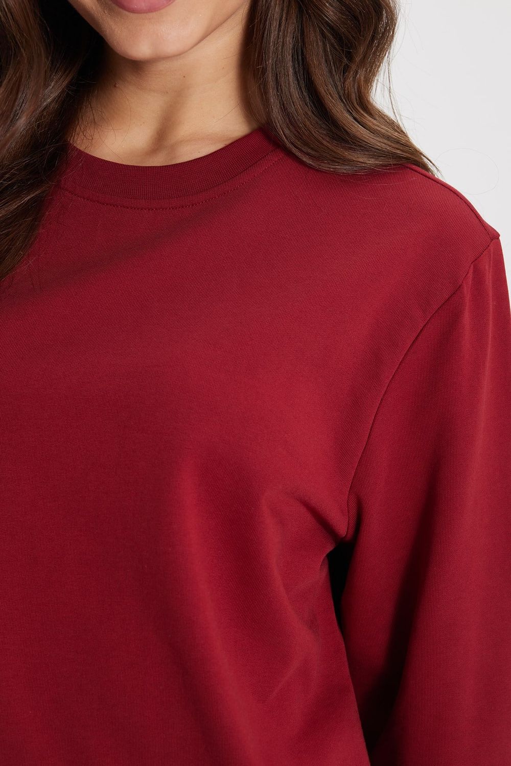 Kadın Oversize Geniş Kesim %100 Pamuk 2 İplik Bisiklet Yaka Bordo Sweatshirt 