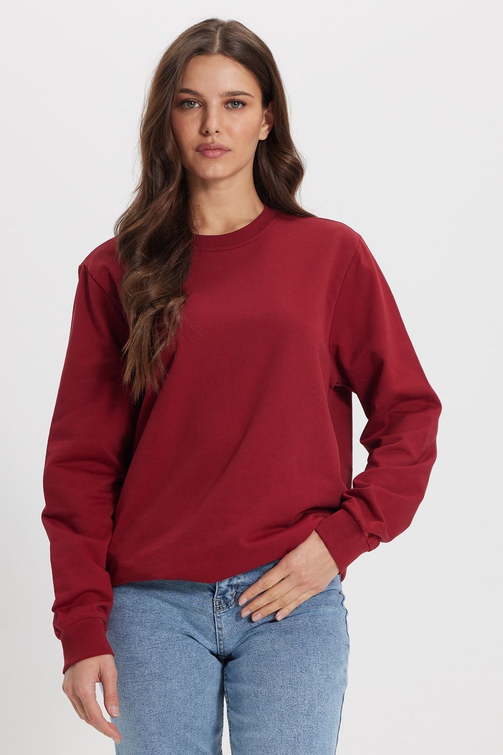 Kadın Oversize Geniş Kesim %100 Pamuk 2 İplik Bisiklet Yaka Bordo Sweatshirt 
