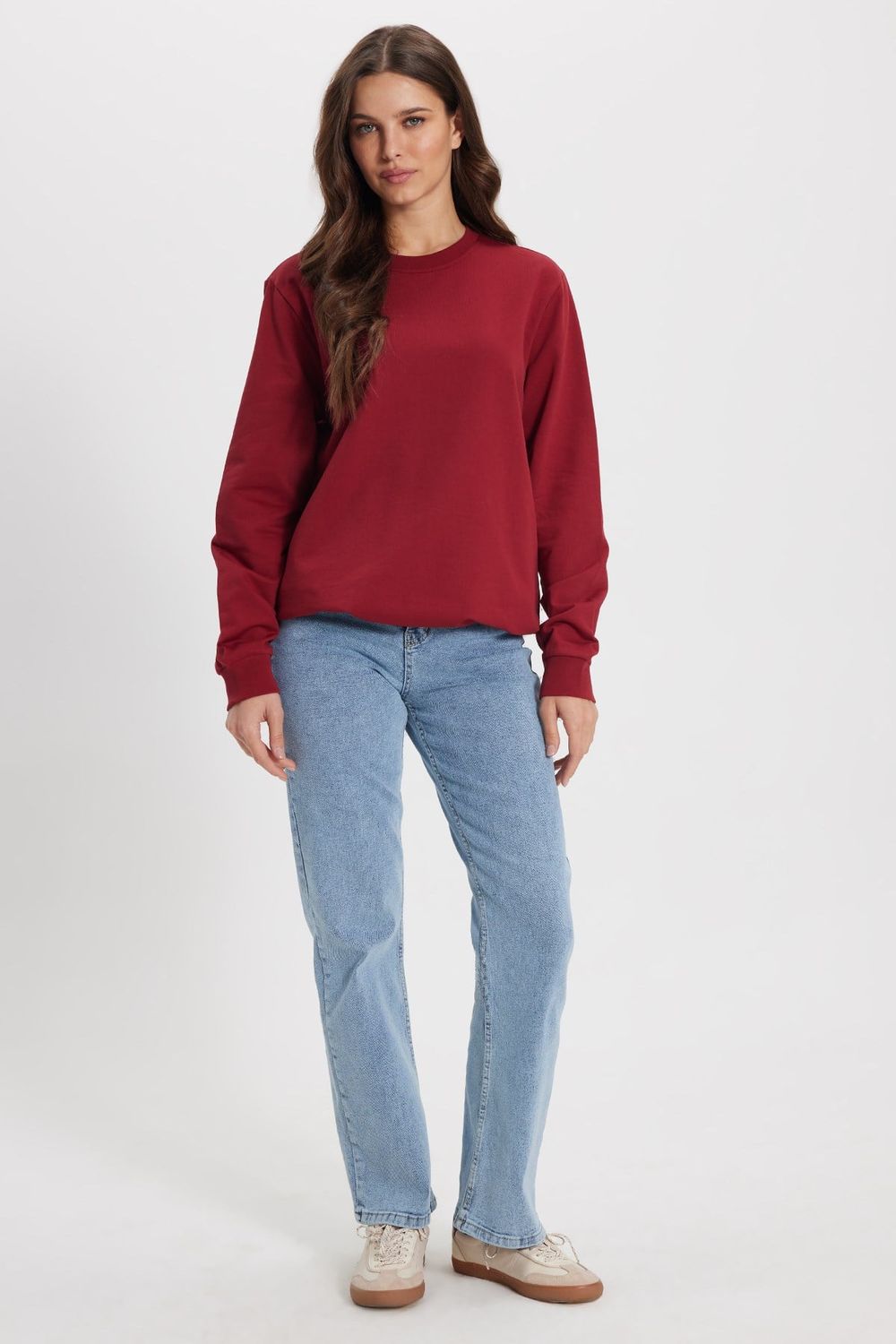 Kadın Oversize Geniş Kesim %100 Pamuk 2 İplik Bisiklet Yaka Bordo Sweatshirt 