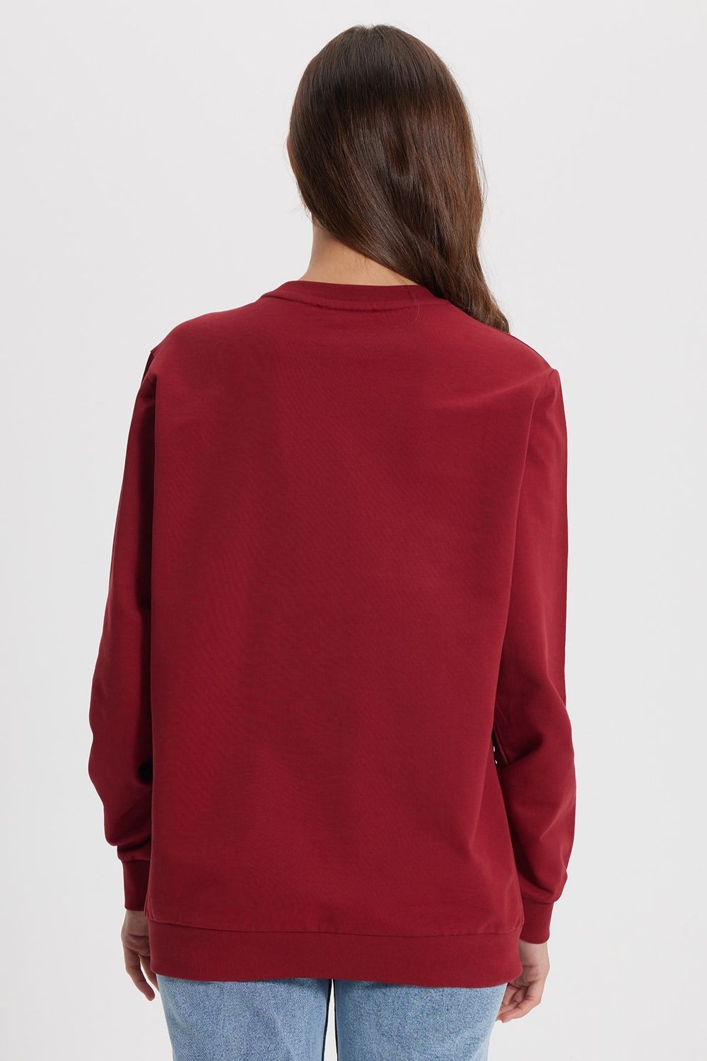 Kadın Oversize Geniş Kesim %100 Pamuk 2 İplik Bisiklet Yaka Bordo Sweatshirt 