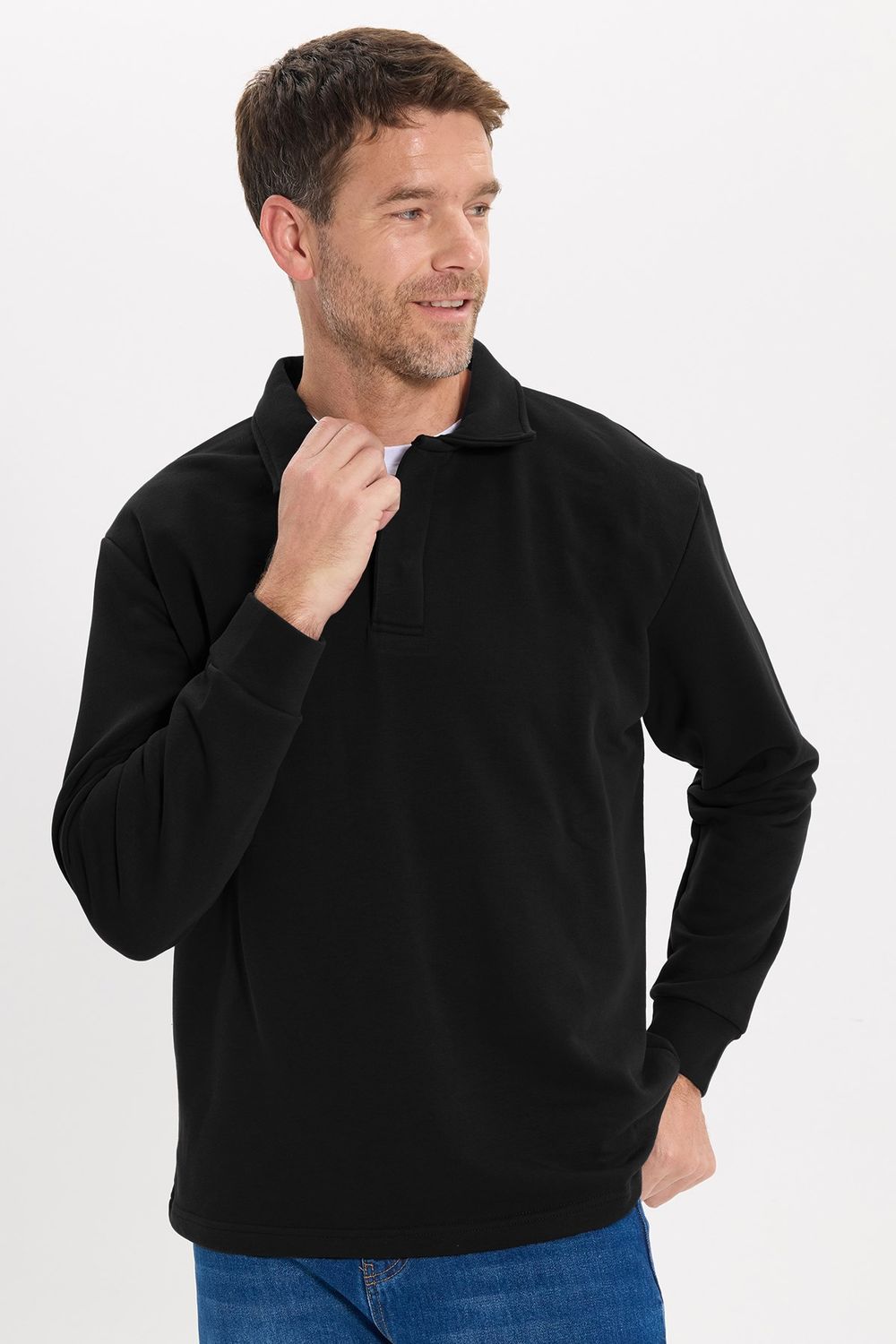 RELAX FIT PLAIN BUTTONED POLO  COLLAR HIDDEN PLACKET MAHREZ SWEATSHIRT