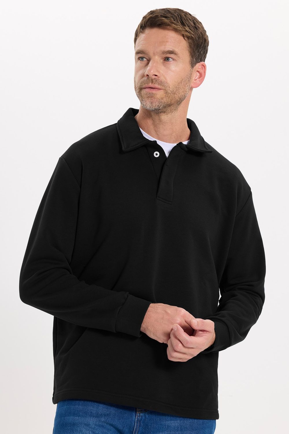 RELAX FIT PLAIN BUTTONED POLO  COLLAR HIDDEN PLACKET MAHREZ SWEATSHIRT